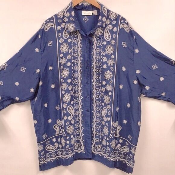 ELISABETH LIZ CLAIBORNE Blue Handkerchief Print Blouse Size 3X Bandana Print Top - Picture 1 of 8
